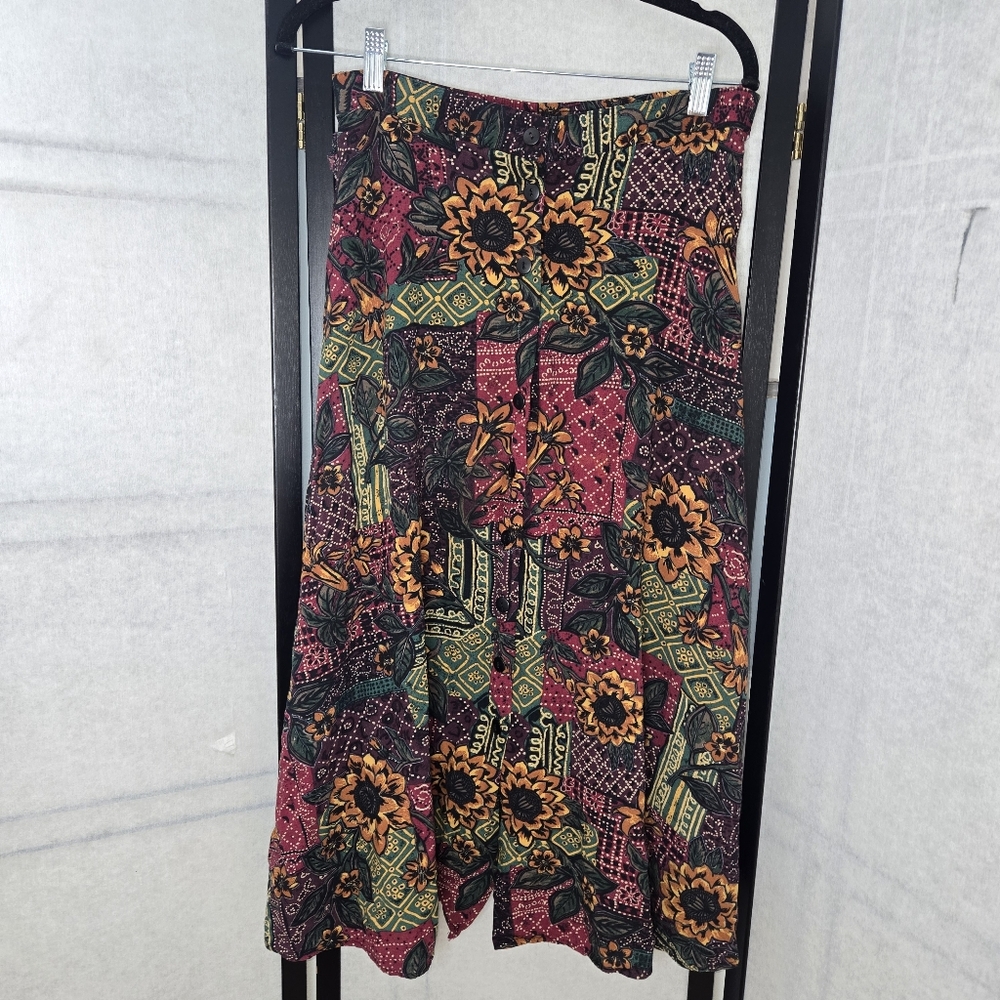 Vintage 90s Why Not Multicoloured Sunflower Patchwork Front Button Midi Skirt